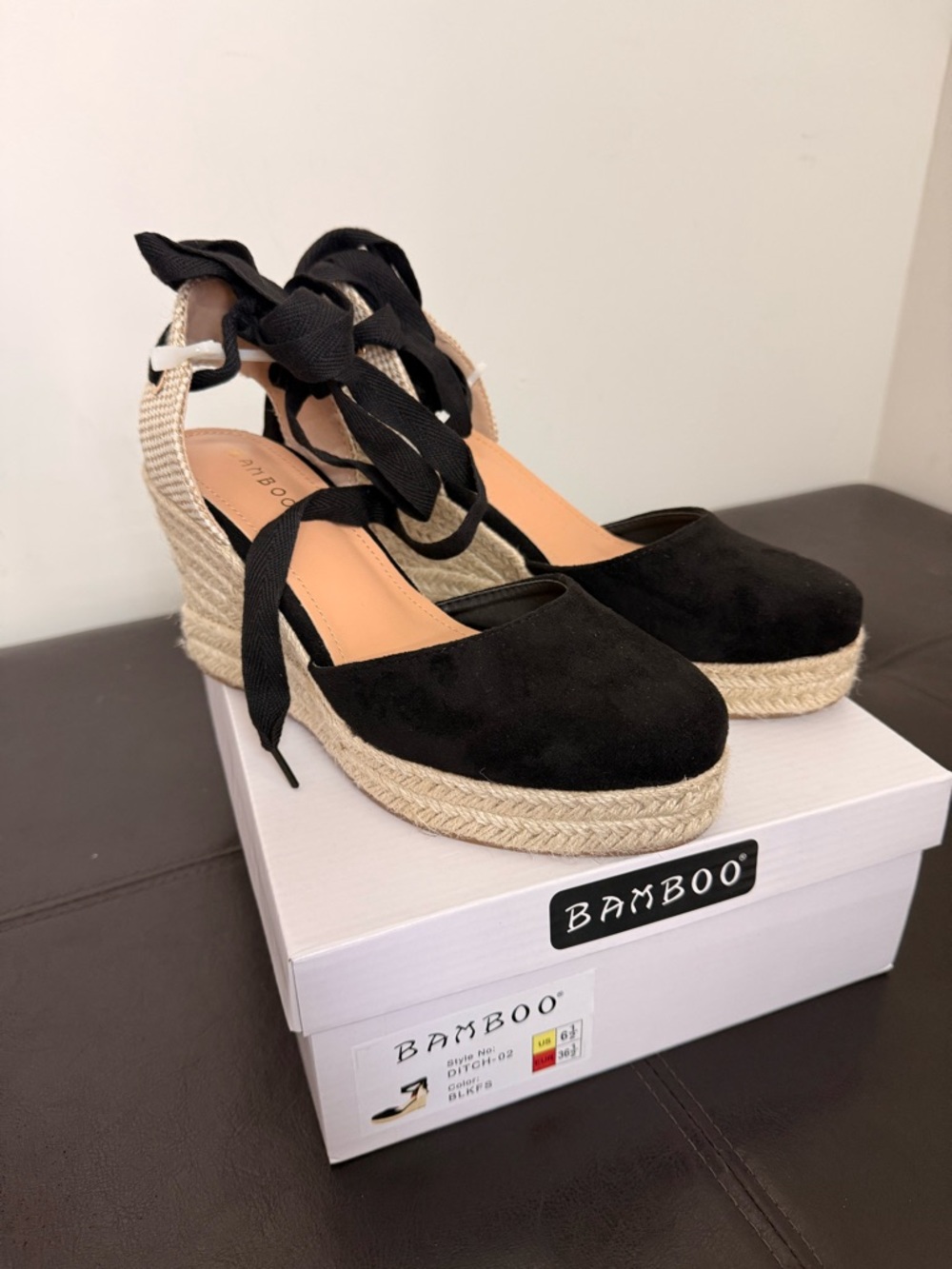 BAMBOO Black Espadrille Wedge Ankle Tie Platform Sandals - Picture 2 of 5